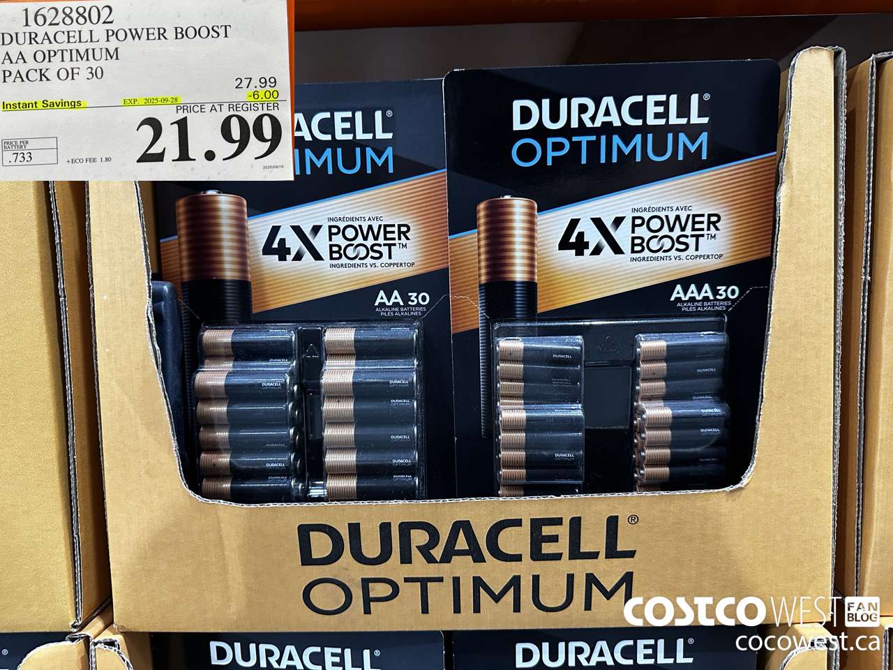 1628802 DURACELL POWER BOOST AA OPTIMUM PACK OF 30 ($6.00 INSTANT SAVINGS EXPIRES ON 2025-09-28) $21.99