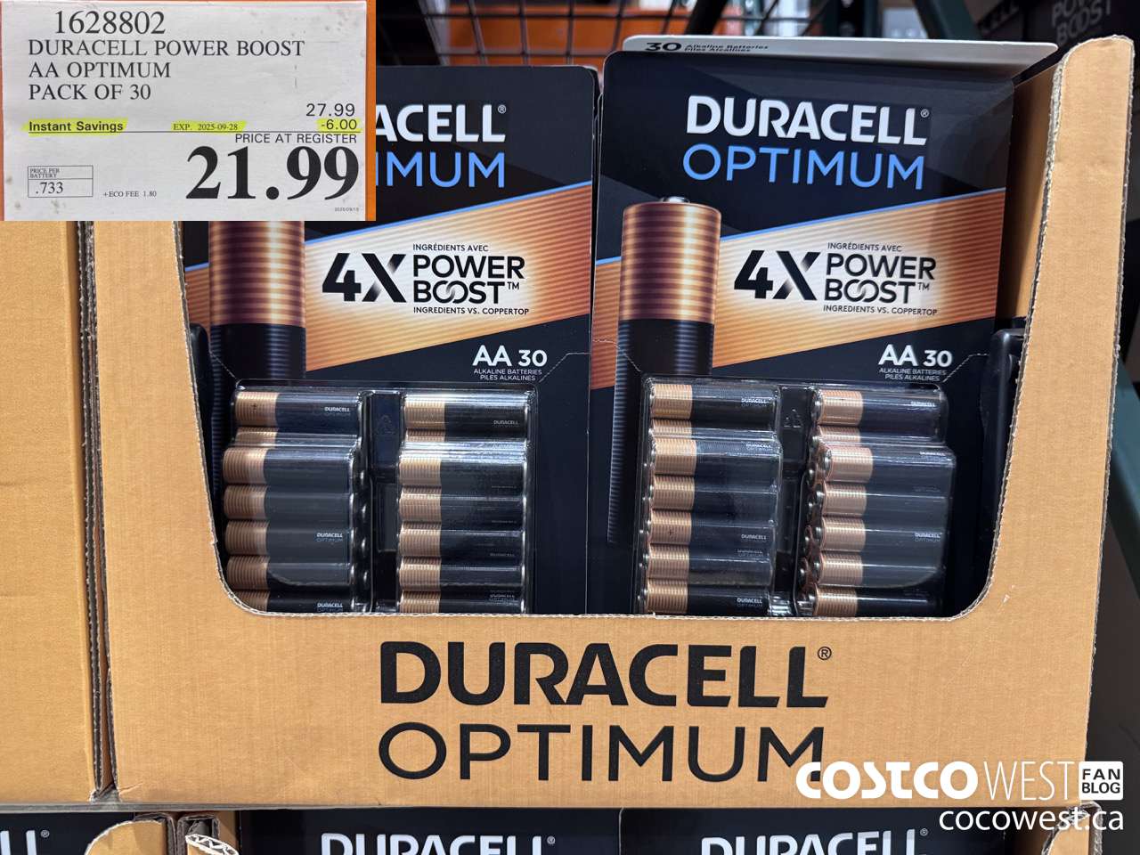 1628802 DURACELL POWER BOOST AA OPTIMUM PACK OF 30 ($6.00 INSTANT SAVINGS EXPIRES ON 2025-09-28) $21.99