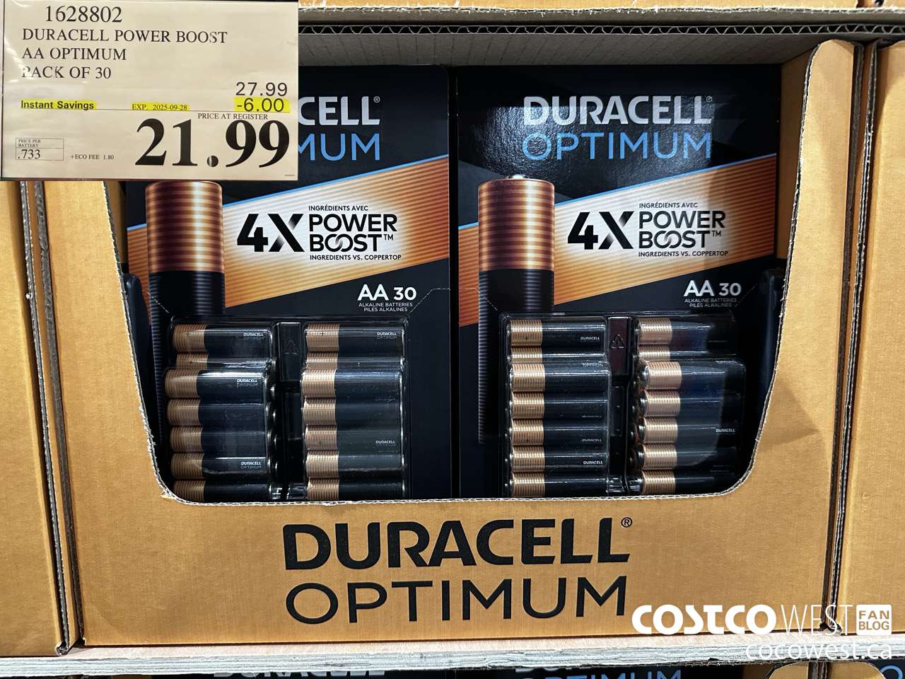 1628802 DURACELL POWER BOOST AA OPTIMUM PACK OF 30 ($6.00 INSTANT SAVINGS EXPIRES ON 2025-09-28) $21.99