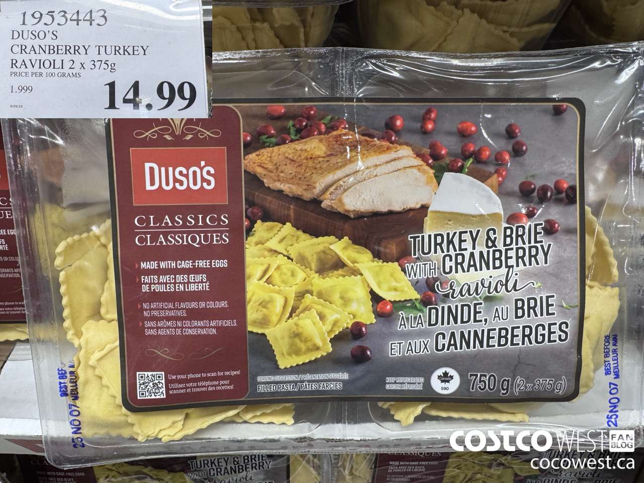 1953443 DUSO'S CRANBERRY TURKEY RAVIOLI 2 X 375G $14.99