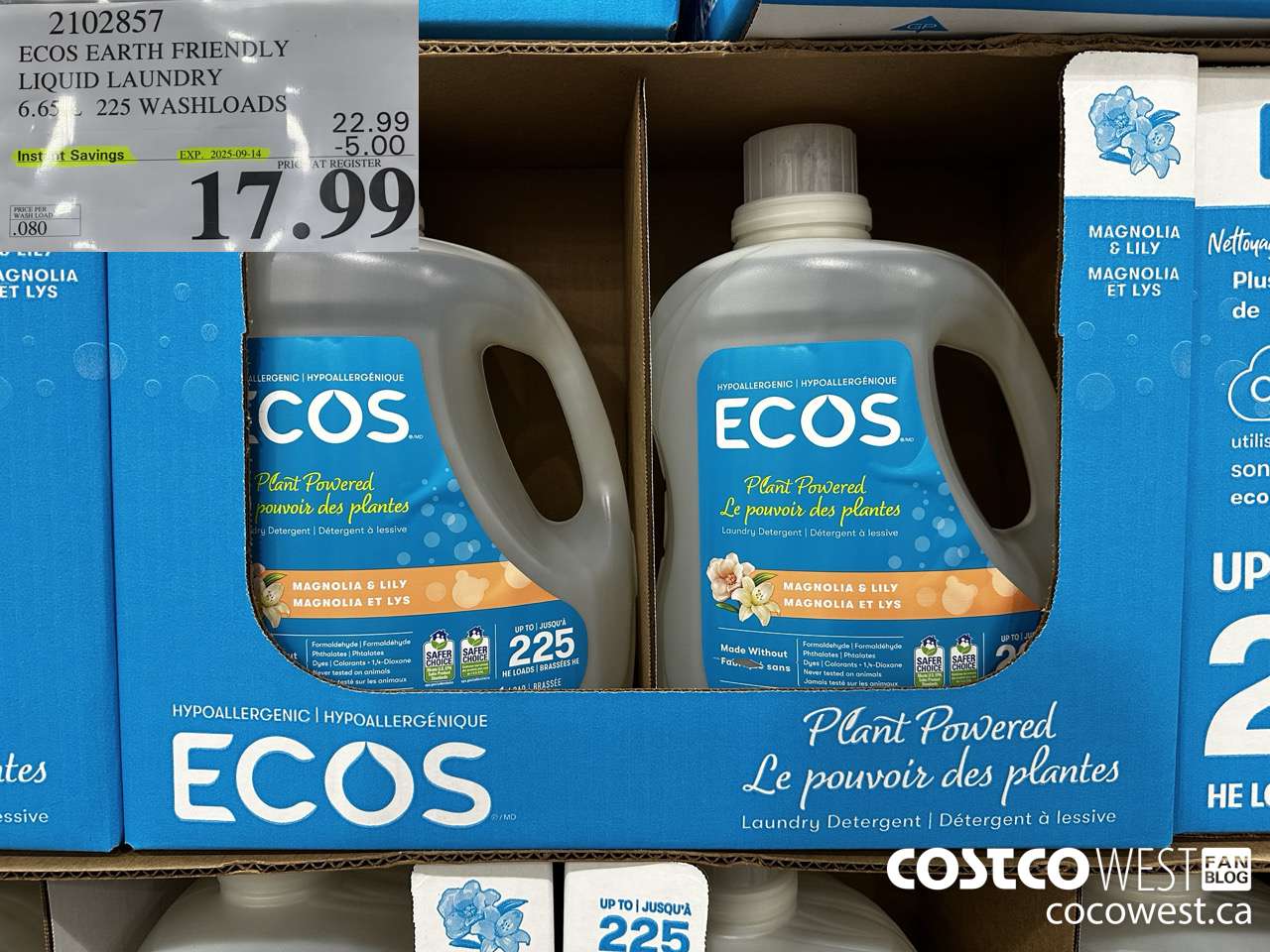 2102857 ECOS EARTH FRIENDLY LIQUID LAUNDRY 6.65 L 225 WASHLOADDS ($5.00 INSTANT SAVINGS EXPIRES ON 2025-09-14) $17.99