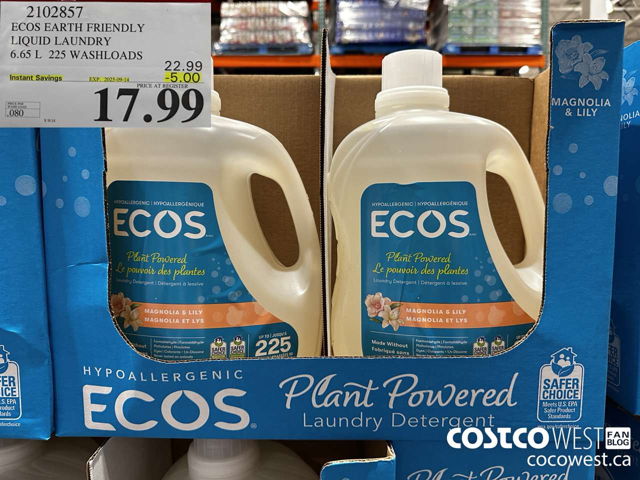 2102857 ECOS EARTH FRIENDLY LIQUID LAUNDRY 6.65 L 225 WASHLOADDS ($5.00 INSTANT SAVINGS EXPIRES ON 2025-09-14) $17.99
