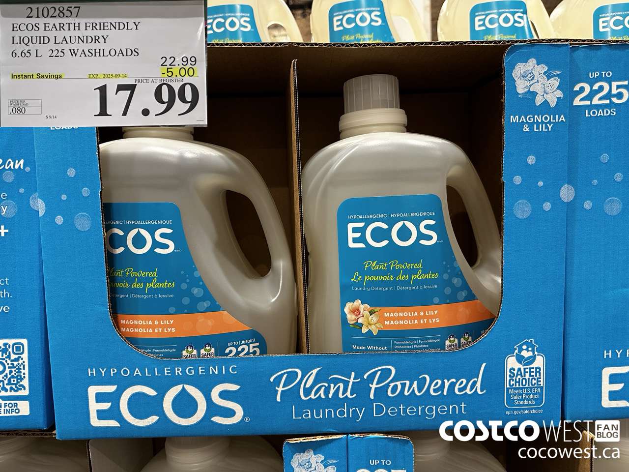 2102857 ECOS EARTH FRIENDLY LIQUID LAUNDRY 6.65 L 225 WASHLOADDS ($5.00 INSTANT SAVINGS EXPIRES ON 2025-09-14) $17.99