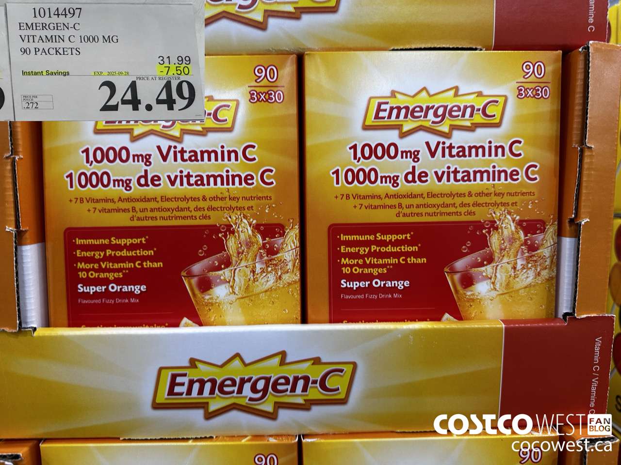 1014497 EMERGEN-C ORANGE VITAMIN C 1000 MG 90 PACKETS ($7.50 INSTANT SAVINGS EXPIRES ON 2025-09-28) $24.49