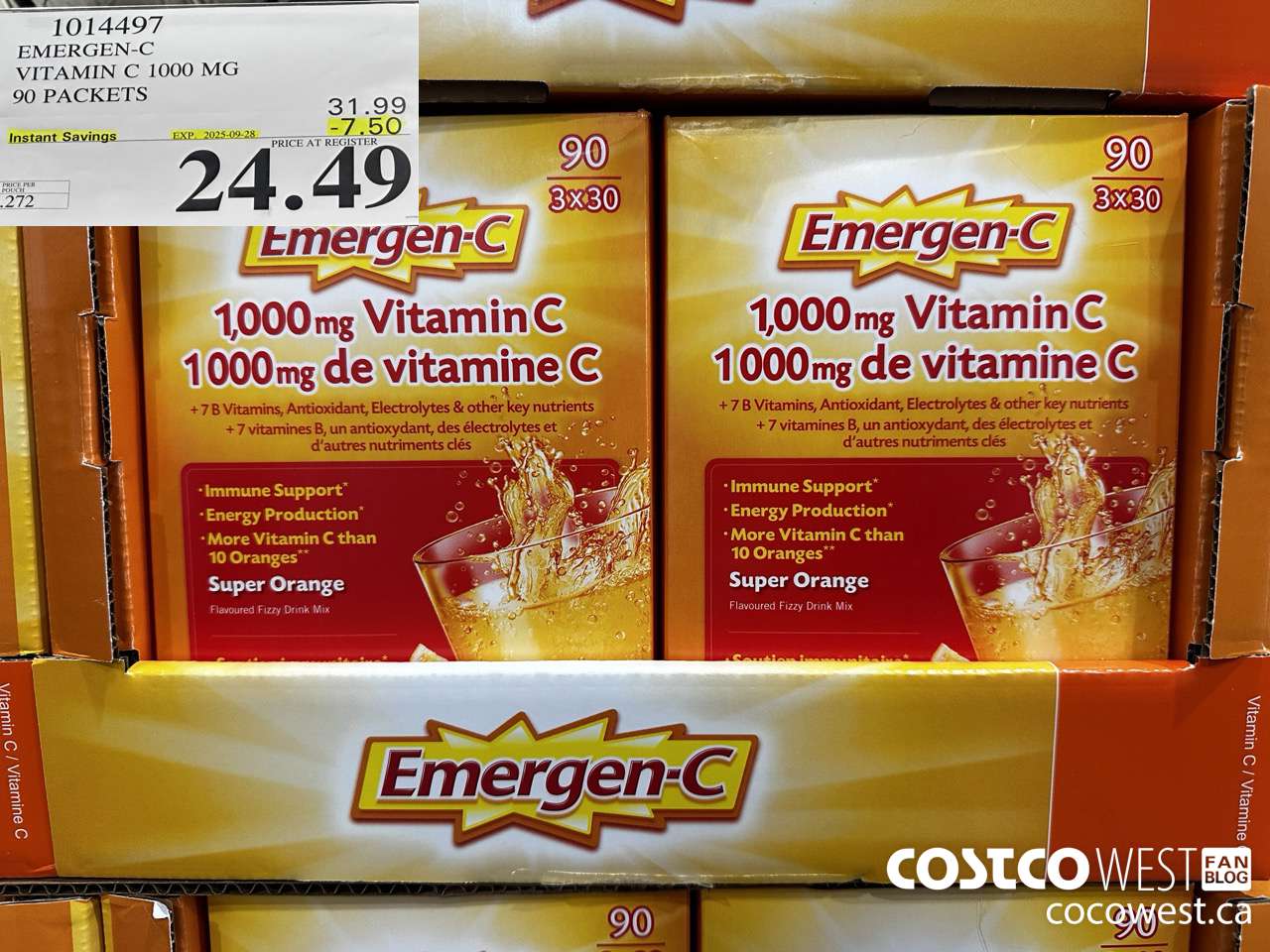 1014497 EMERGEN-C ORANGE VITAMIN C 1000 MG 90 PACKETS ($7.50 INSTANT SAVINGS EXPIRES ON 2025-09-28) $24.49