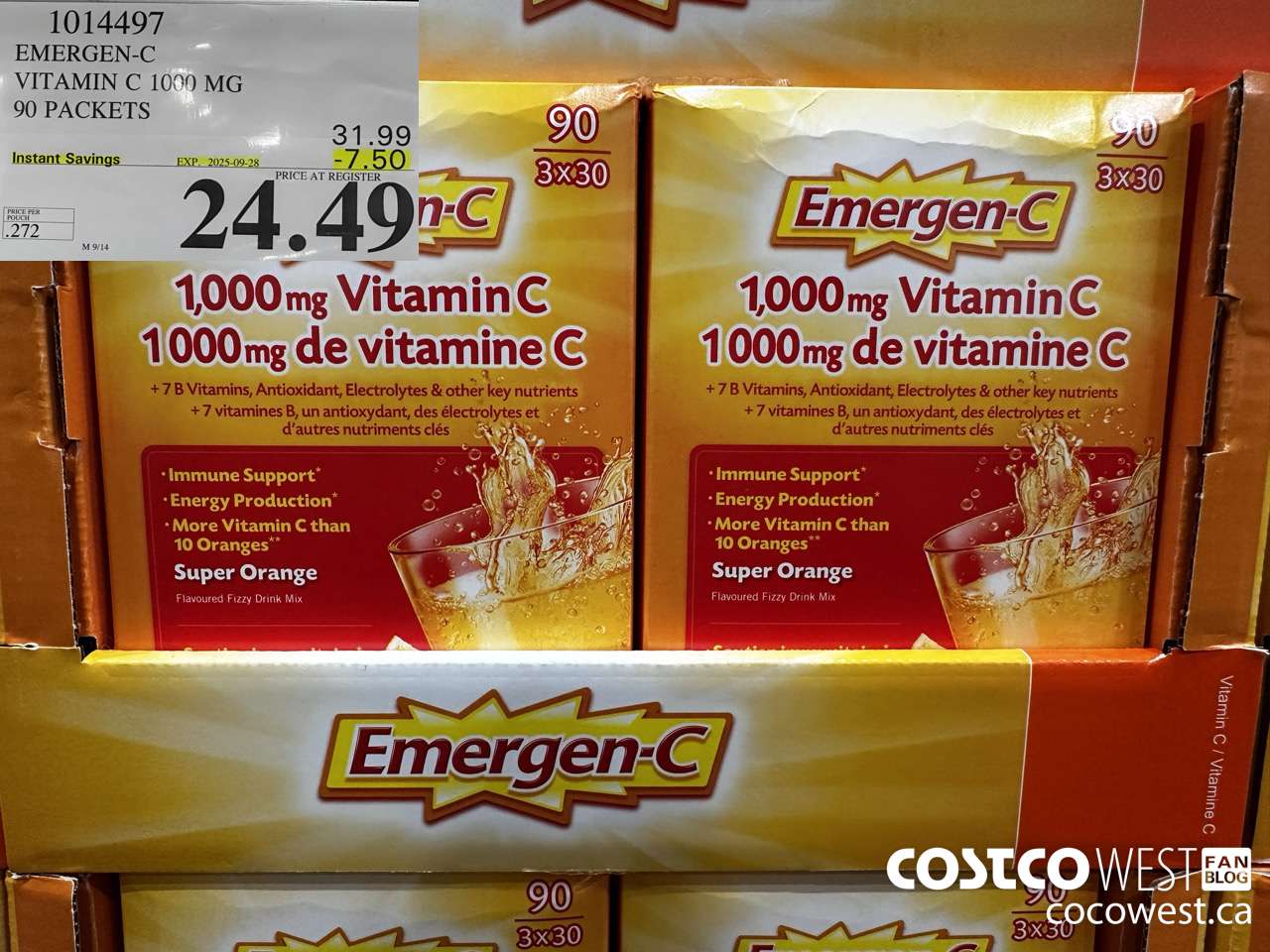 1014497 EMERGEN-C ORANGE VITAMIN C 1000 MG 90 PACKETS ($7.50 INSTANT SAVINGS EXPIRES ON 2025-09-28) $24.49