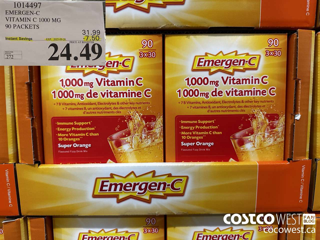 1014497 EMERGEN-C ORANGE VITAMIN C 1000 MG 90 PACKETS ($7.50 INSTANT SAVINGS EXPIRES ON 2025-09-28) $24.49
