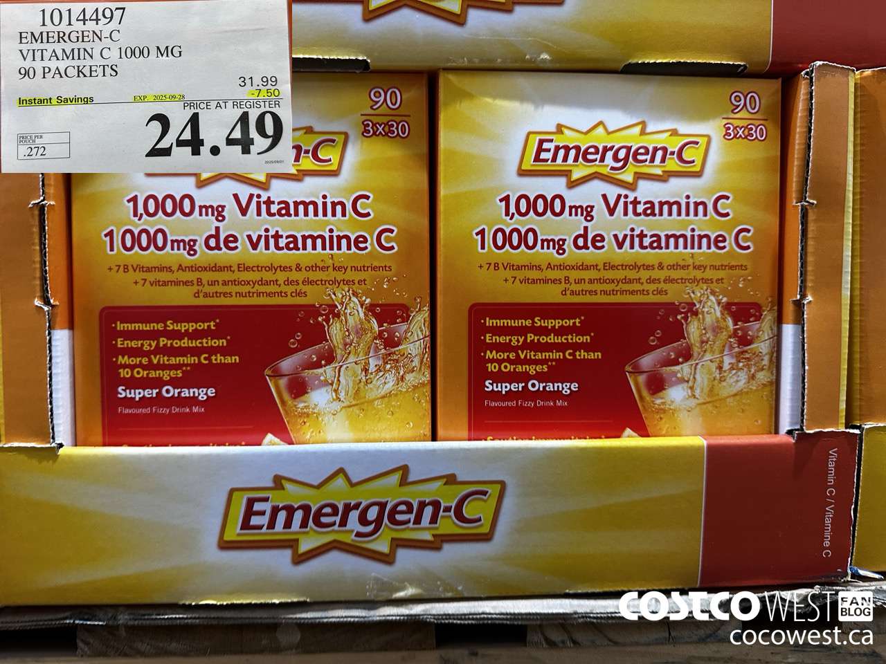 1014497 EMERGEN-C ORANGE VITAMIN C 1000 MG 90 PACKETS ($7.50 INSTANT SAVINGS EXPIRES ON 2025-09-28) $24.49