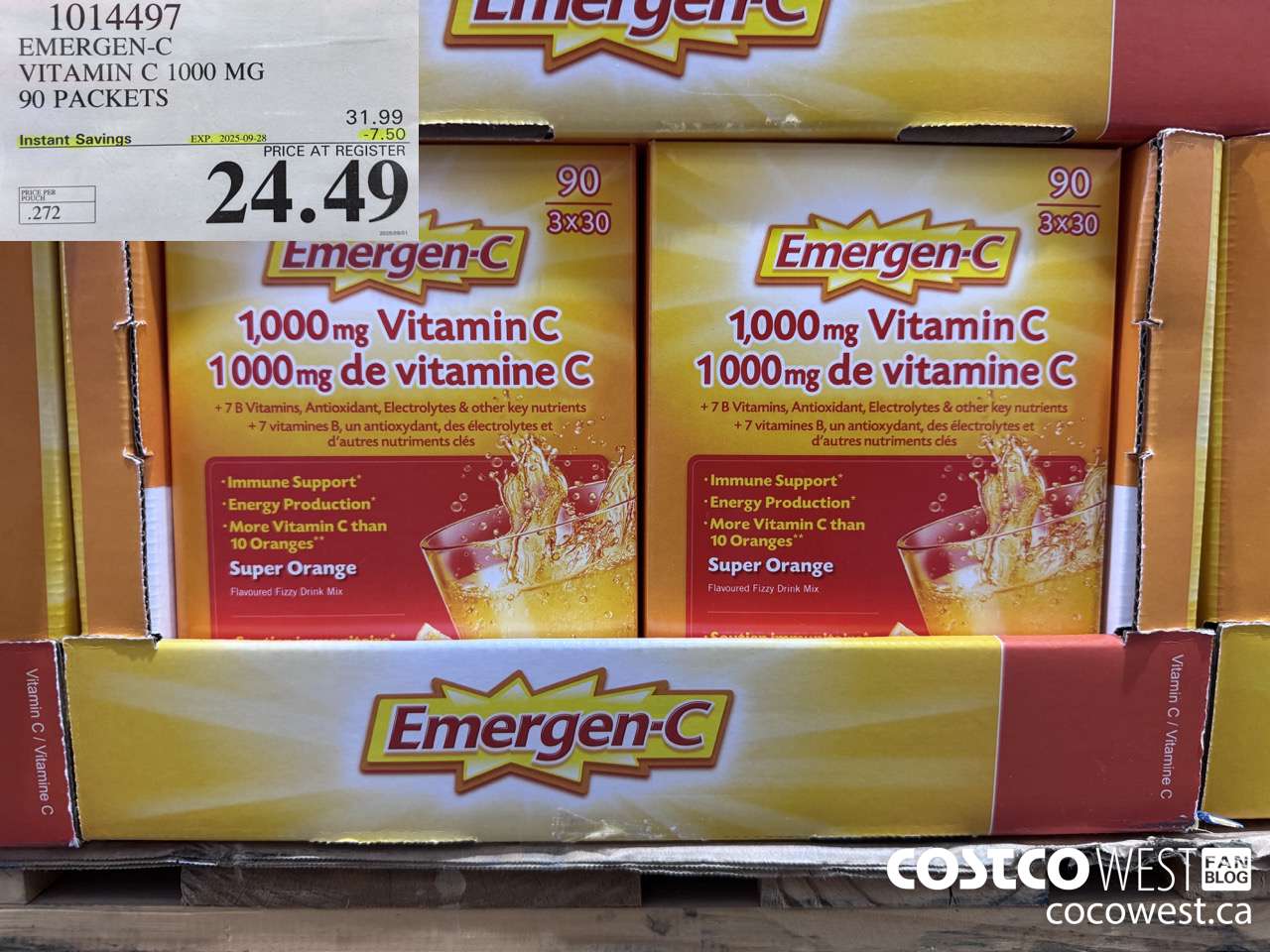 1014497 EMERGEN-C ORANGE VITAMIN C 1000 MG 90 PACKETS ($7.50 INSTANT SAVINGS EXPIRES ON 2025-09-28) $24.49