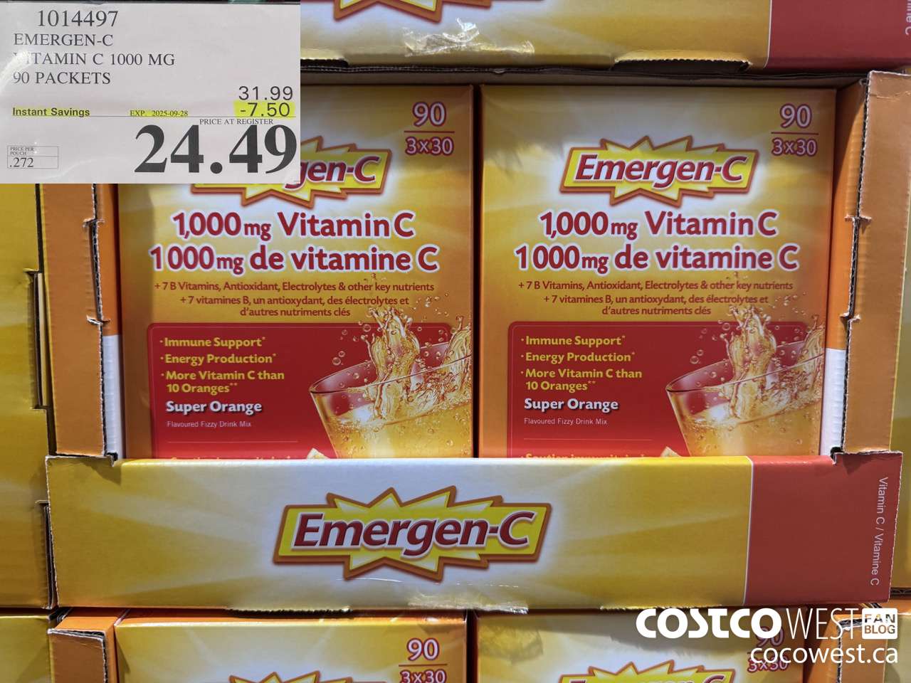 1014497 EMERGEN-C ORANGE VITAMIN C 1000 MG 90 PACKETS ($7.50 INSTANT SAVINGS EXPIRES ON 2025-09-28) $24.49