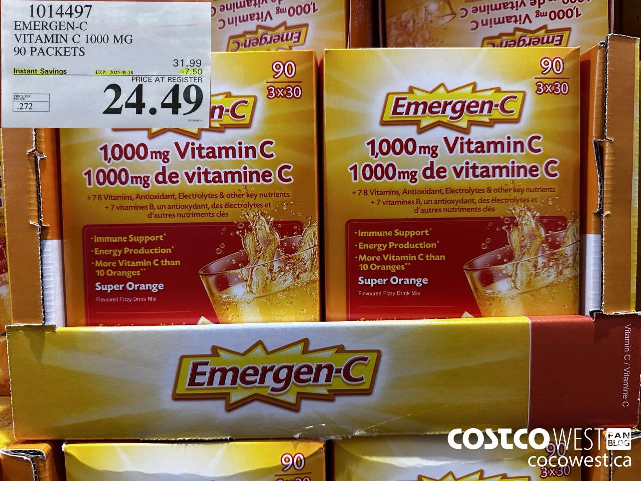 1014497 EMERGEN-C ORANGE VITAMIN C 1000 MG 90 PACKETS ($7.50 INSTANT SAVINGS EXPIRES ON 2025-09-28) $24.49