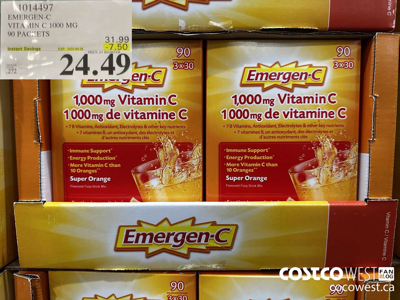 1014497 EMERGEN-C ORANGE VITAMIN C 1000 MG 90 PACKETS ($7.50 INSTANT SAVINGS EXPIRES ON 2025-09-28) $24.49