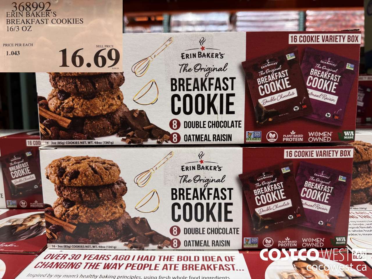 368992 ERIN BAKER'S BREAKFAST COOKIES 16/3 OZ $16.69