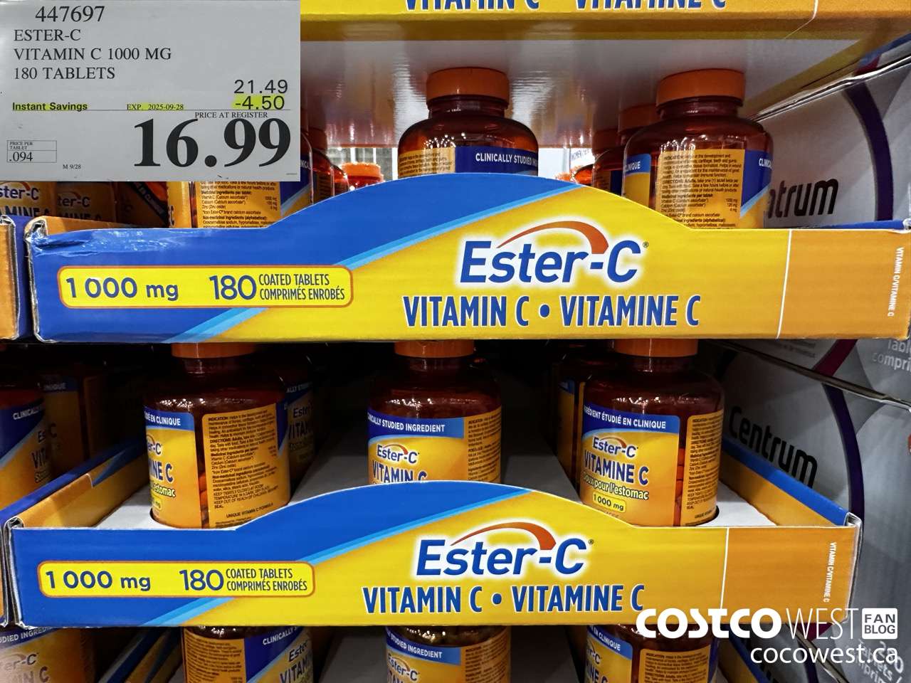 447697 ESTER-C VITAMIN C 1000 MG 180 TABLETS ($4.50 INSTANT SAVINGS EXPIRES ON 2025-09-28) $16.99
