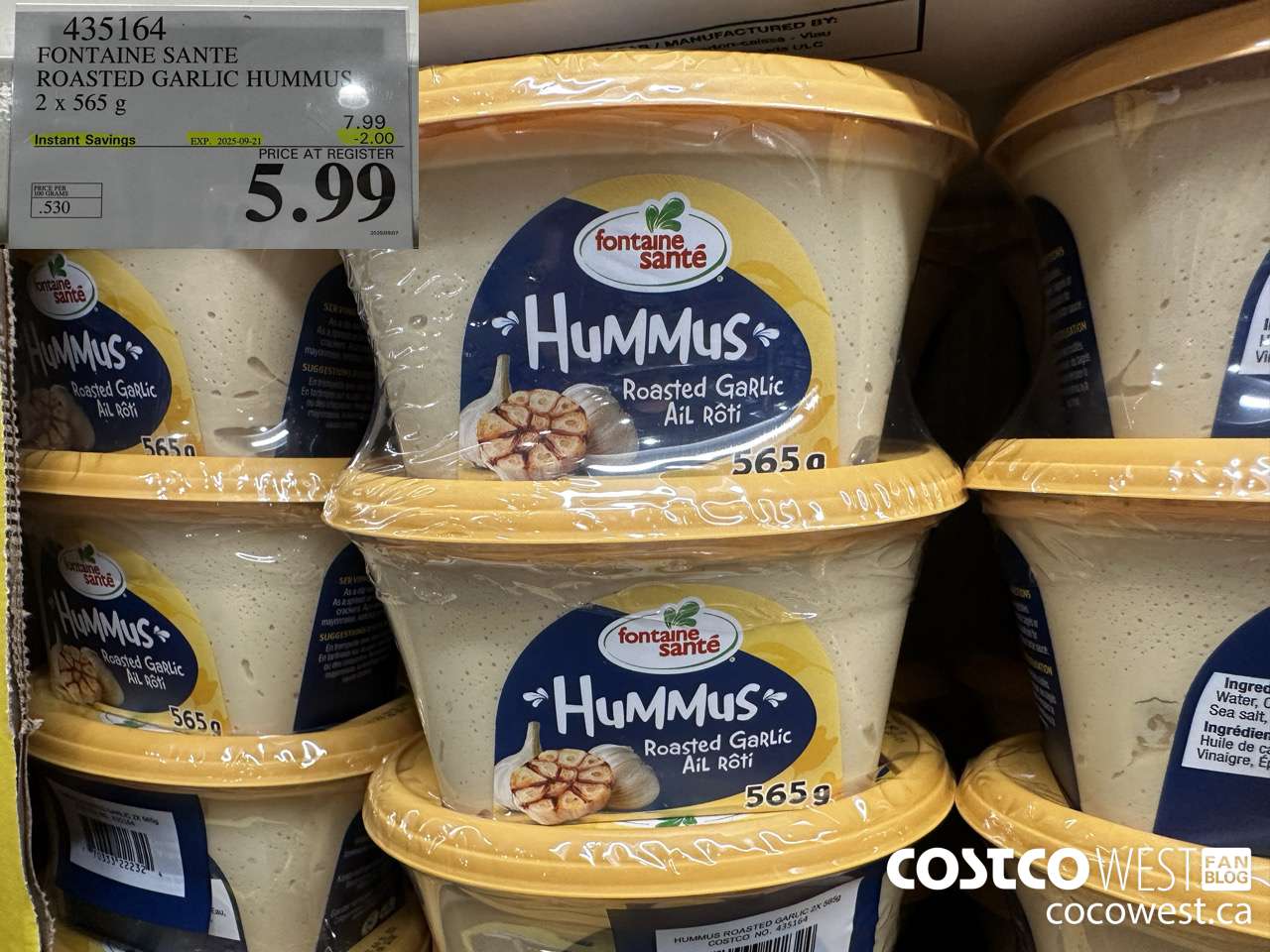 435164 FONTAINE SANTE ROASTED GARLIC HUMMUS 2 x 565 g ($2.00 INSTANT SAVINGS EXPIRES ON 2025-09-21) $5.99