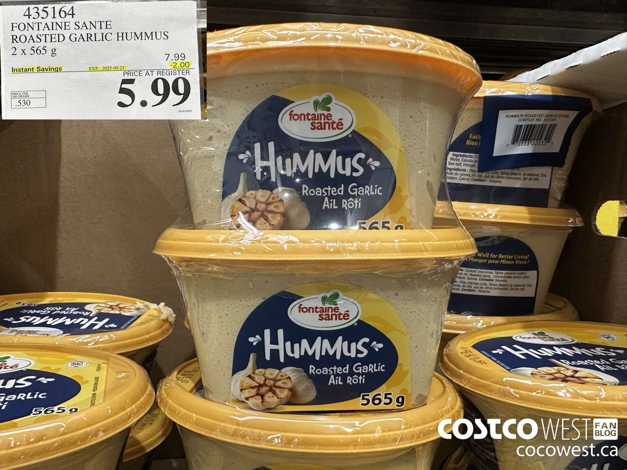 435164 FONTAINE SANTE ROASTED GARLIC HUMMUS 2 x 565 g ($2.00 INSTANT SAVINGS EXPIRES ON 2025-09-21) $5.99