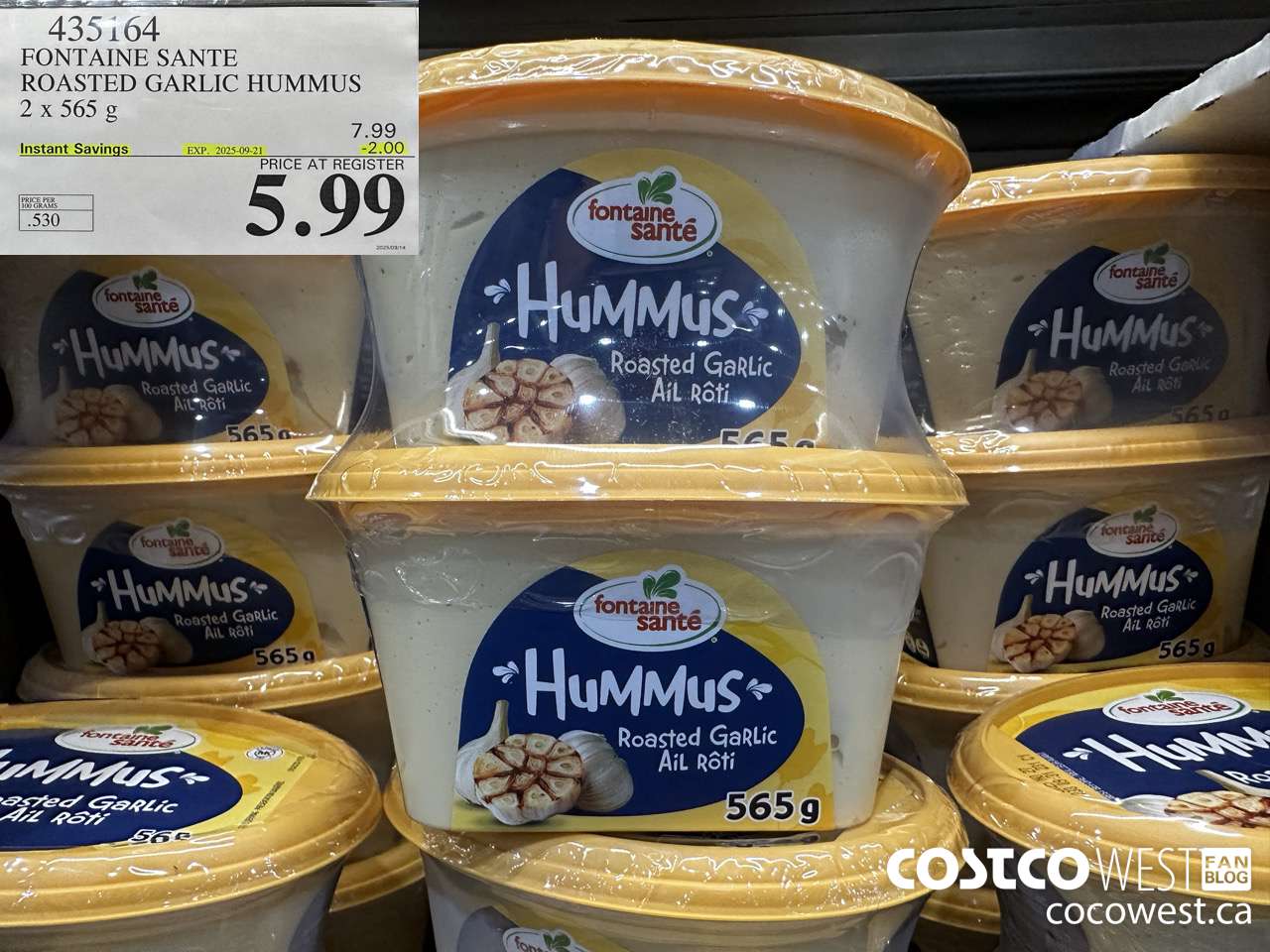 435164 FONTAINE SANTE ROASTED GARLIC HUMMUS 2 x 565 g ($2.00 INSTANT SAVINGS EXPIRES ON 2025-09-21) $5.99