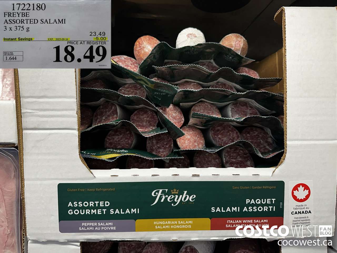 1722180 FREYBE ASSORTED SALAMI 3 x 375 g ($5.00 INSTANT SAVINGS EXPIRES ON 2025-09-16) $18.49