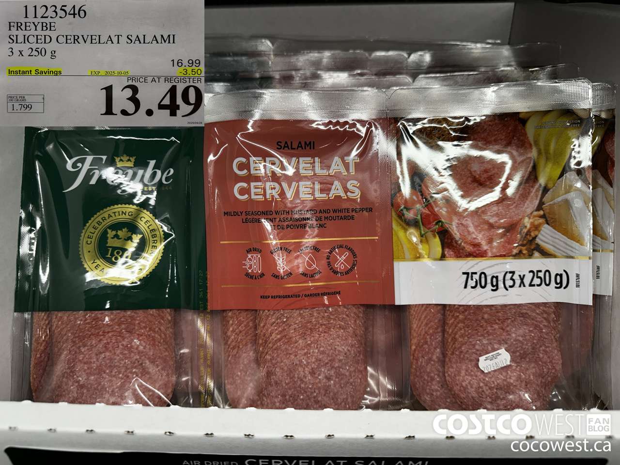 1123546 FREYBE SLICED CERVELAT SALAMI 3 x 250 g ($3.50 INSTANT SAVINGS EXPIRES ON 2025-10-05) $13.49
