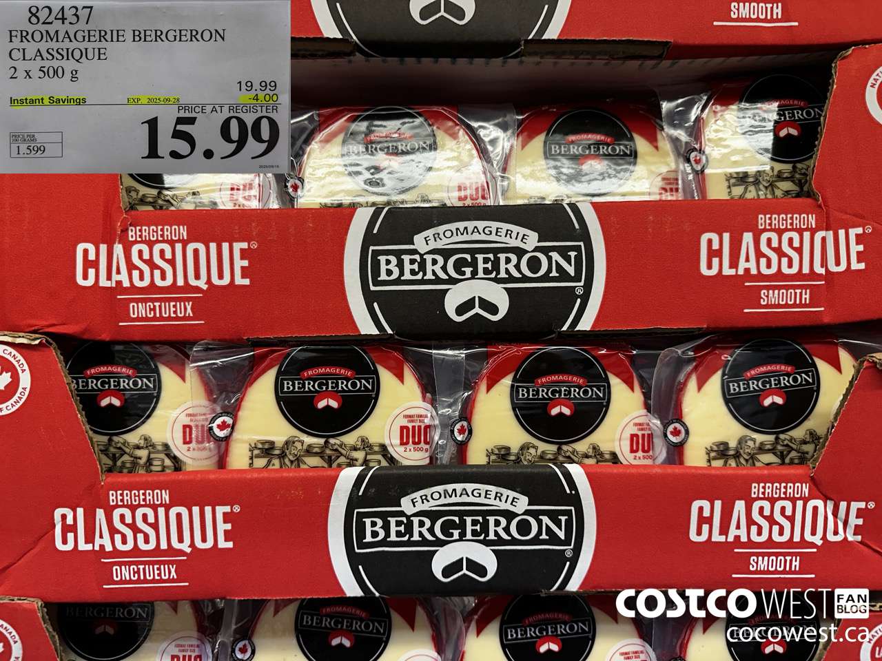 82437 FROMAGERIE BERGERON CLASSIQUE 2 X 500 G ($4.00 INSTANT SAVINGS EXPIRES ON 2025-09-28) $15.99