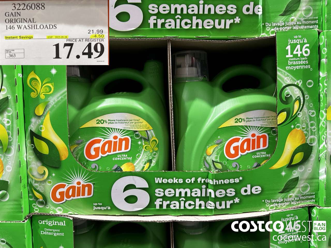 3226088 GAIN HE ULTRA LIQUID DETERGENT 4.82 L 146 WASHLOADS ($4.50 INSTANT SAVINGS EXPIRES ON 2025-09-28) $17.49