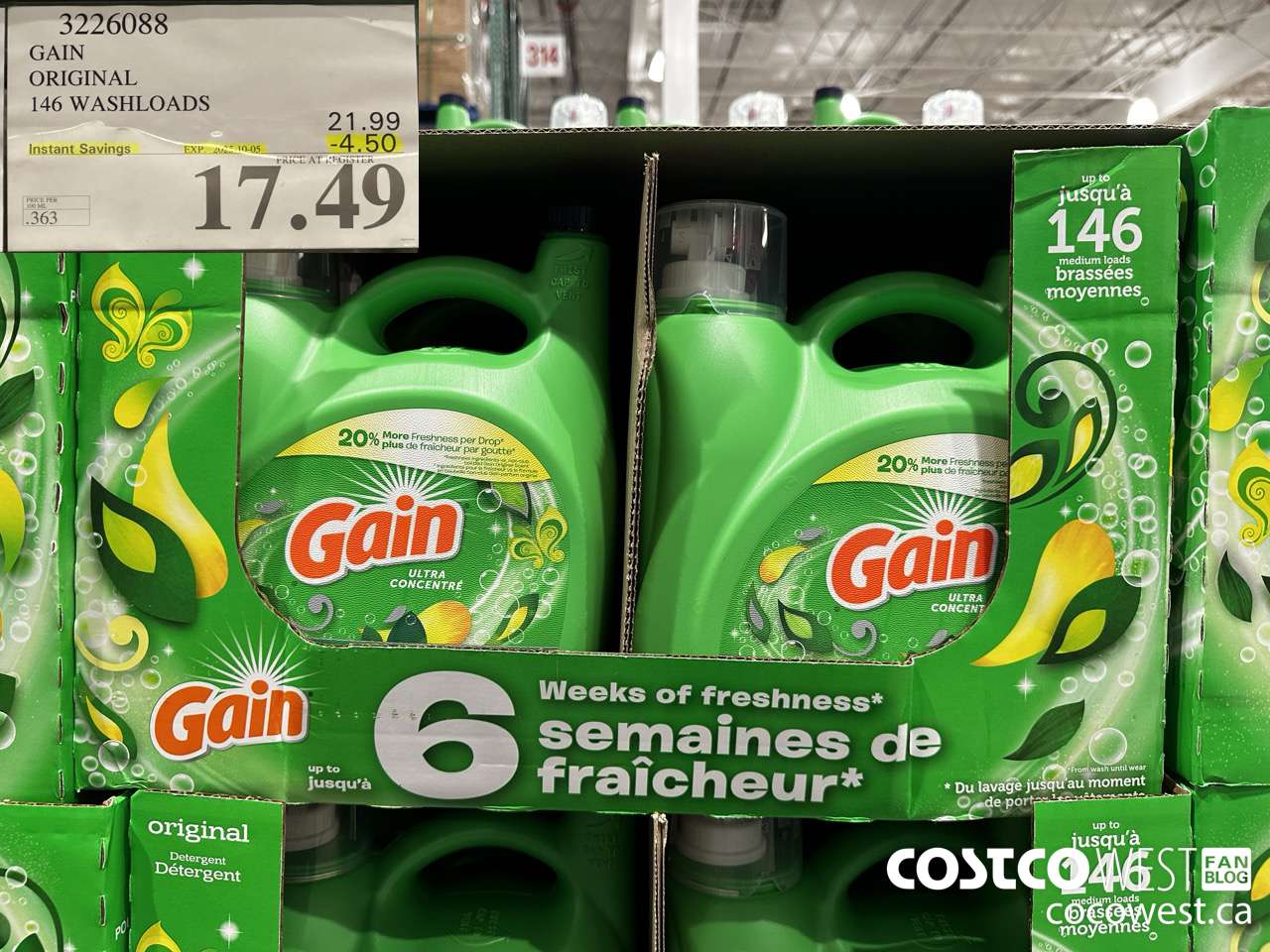 3226088 GAIN HE ULTRA LIQUID DETERGENT 4.82 L 146 WASHLOADS ($4.50 INSTANT SAVINGS EXPIRES ON 2025-10-05) $17.49