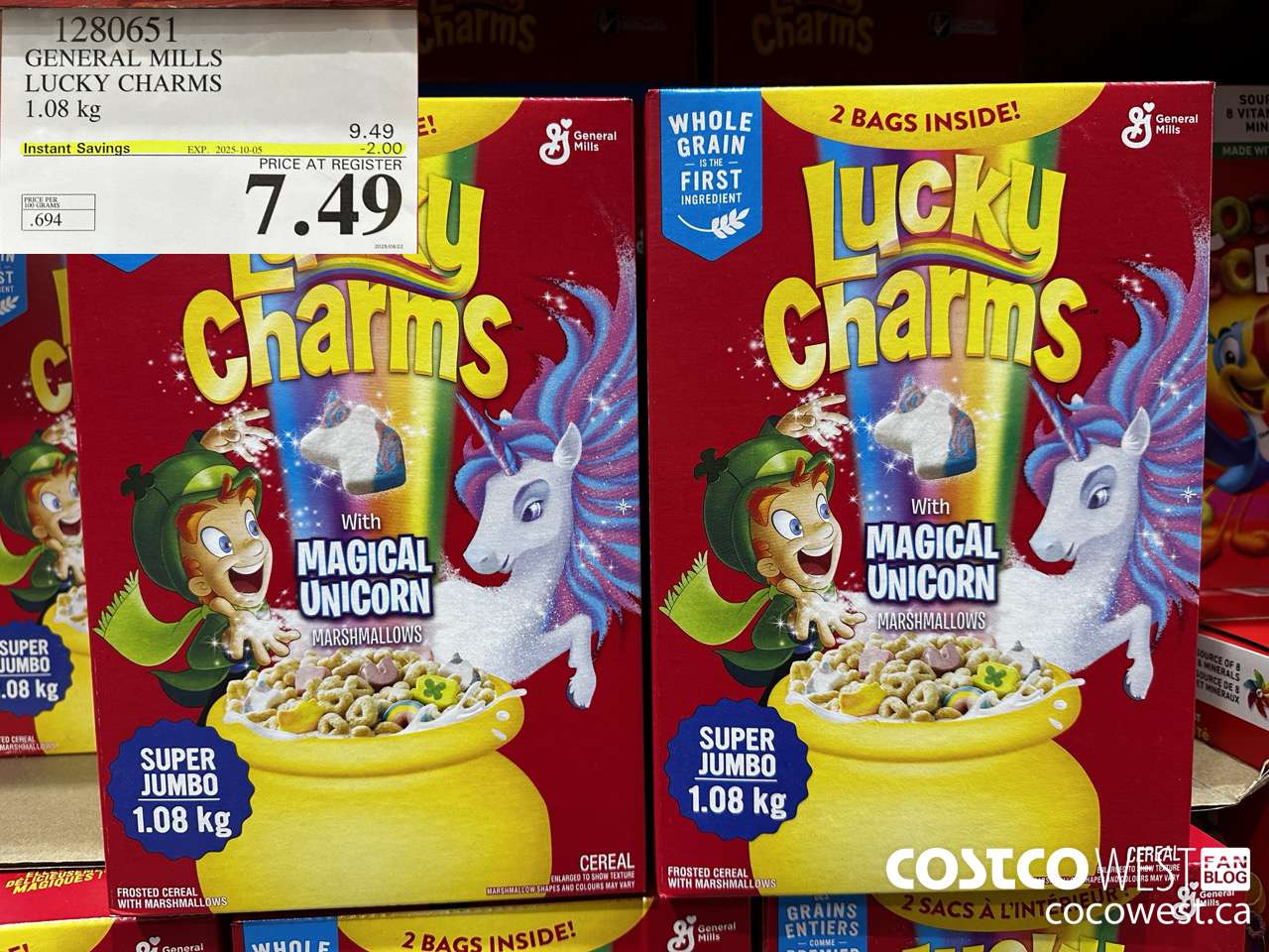 1280651 GENERAL MILLS LUCKY CHARMS 1.08KG ($2.00 INSTANT SAVINGS EXPIRES ON 2025-10-05) $7.49