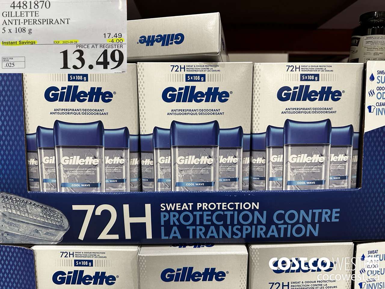 4481870 GILLETTE ANTI-PERSPIRANT 5 x 108 g ($4.00 INSTANT SAVINGS EXPIRES ON 2025-09-28) $13.49