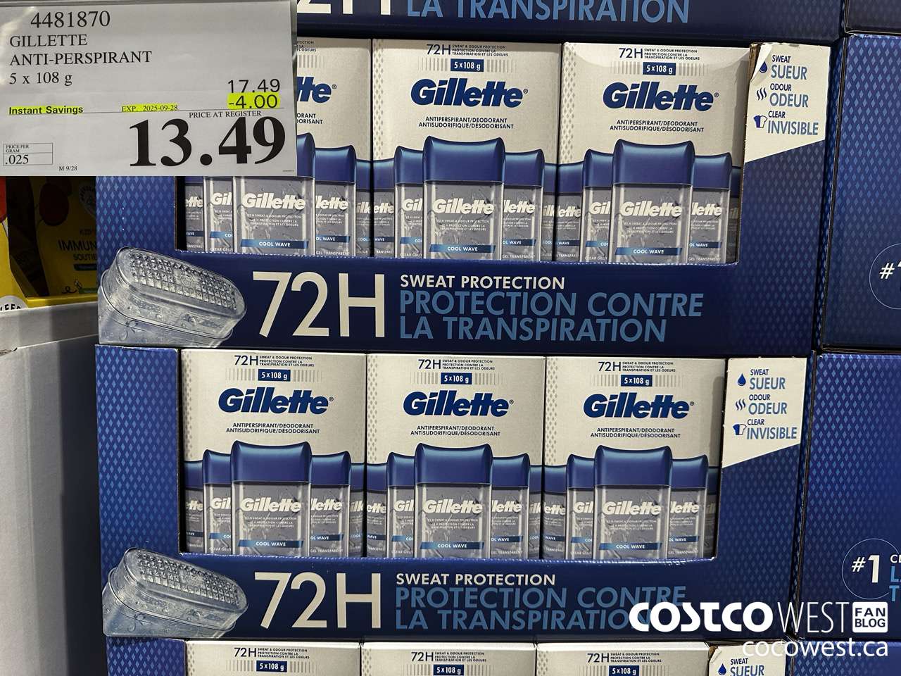 4481870 GILLETTE ANTI-PERSPIRANT 5 x 108 g ($4.00 INSTANT SAVINGS EXPIRES ON 2025-09-28) $13.49
