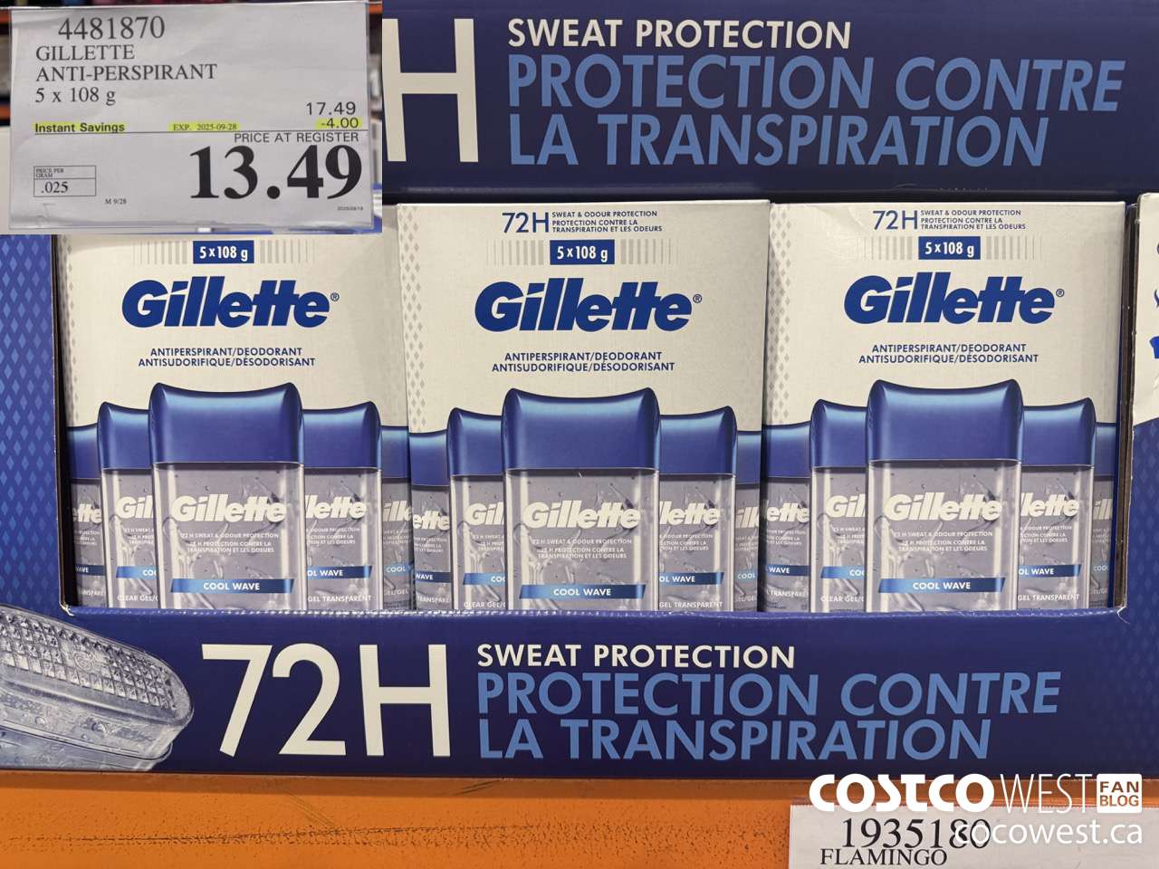 4481870 GILLETTE ANTI-PERSPIRANT 5 x 108 g ($4.00 INSTANT SAVINGS EXPIRES ON 2025-09-28) $13.49