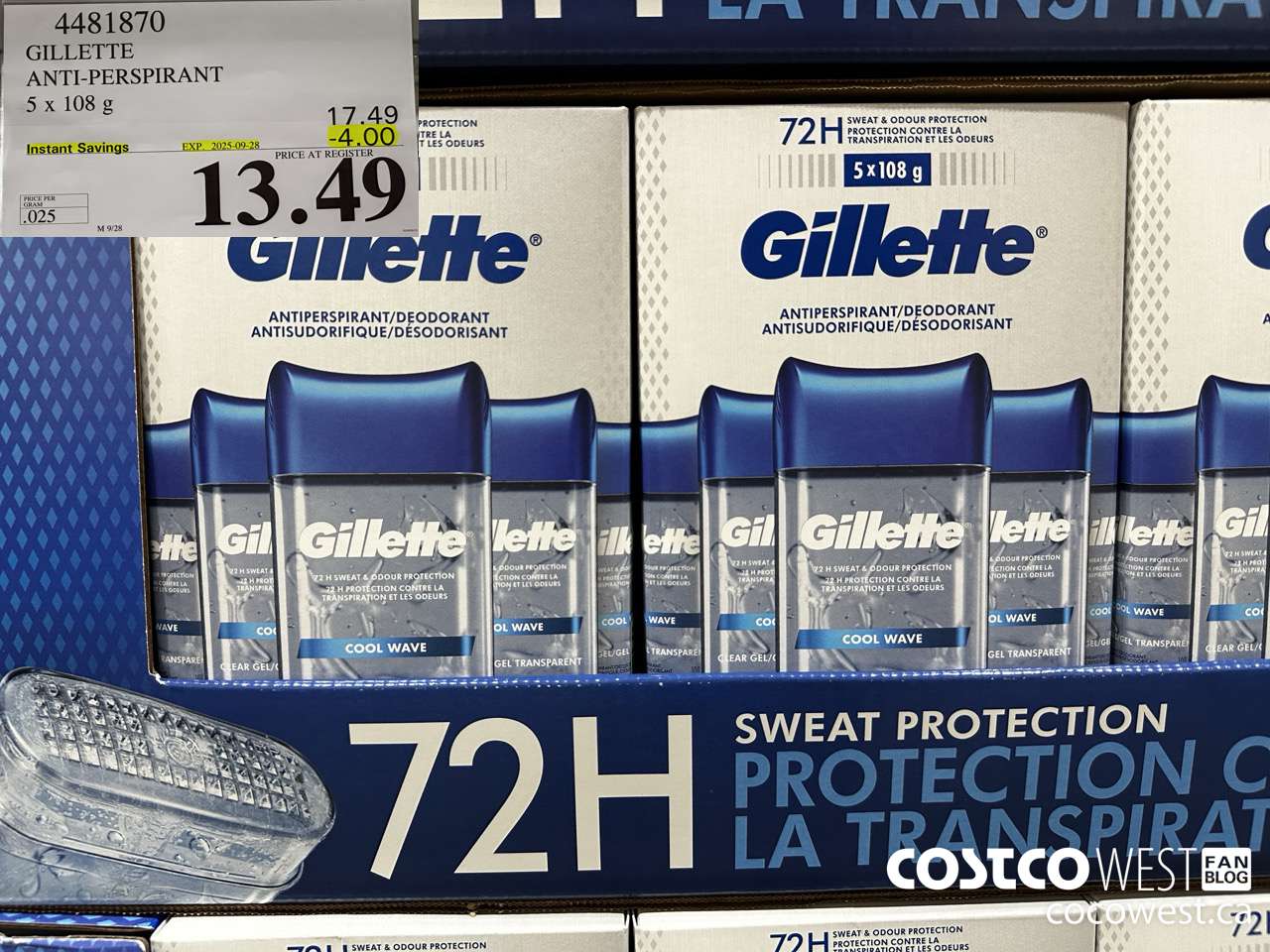 4481870 GILLETTE ANTI-PERSPIRANT 5 x 108 g ($4.00 INSTANT SAVINGS EXPIRES ON 2025-09-28) $13.49