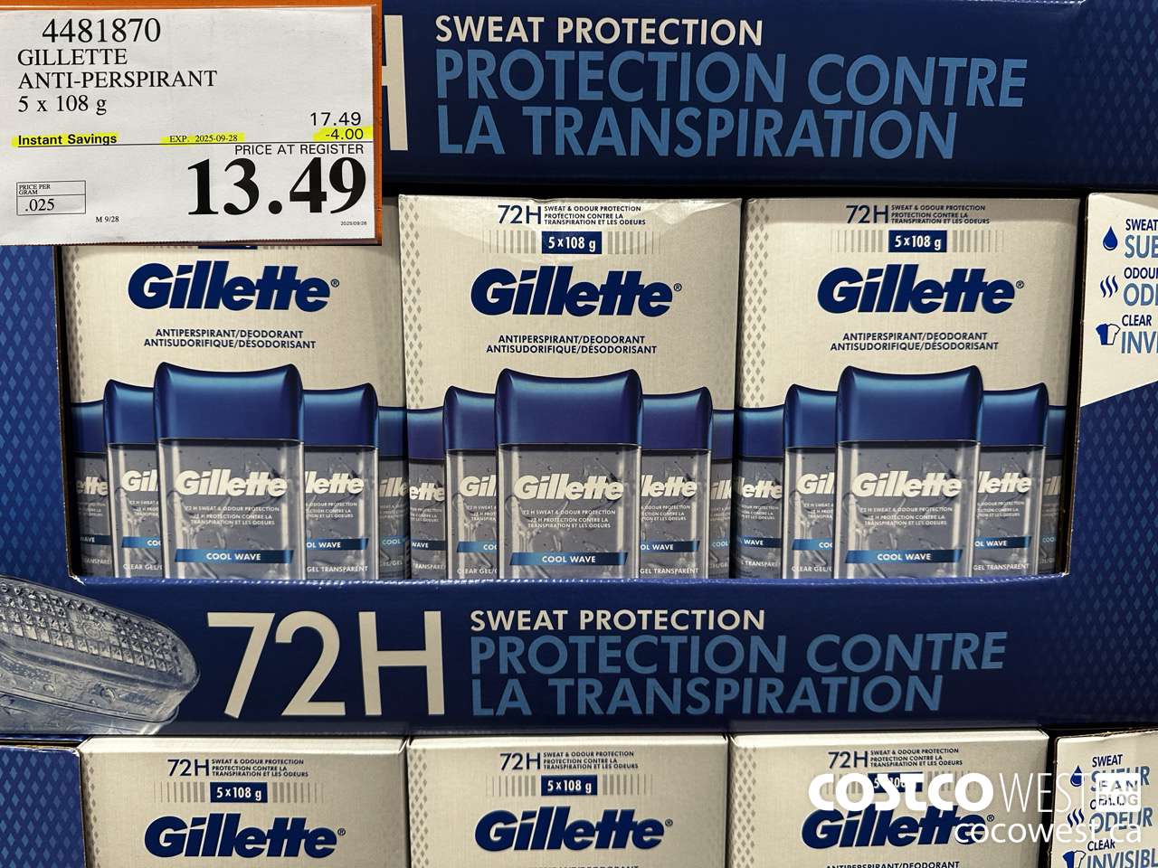 4481870 GILLETTE ANTI-PERSPIRANT 5 x 108 g ($4.00 INSTANT SAVINGS EXPIRES ON 2025-09-28) $13.49