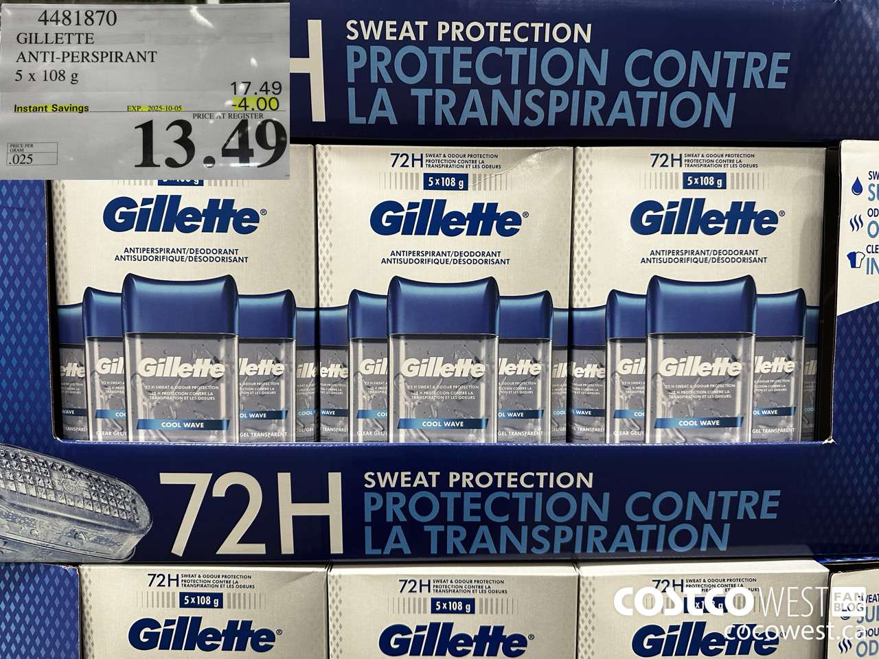 4481870 GILLETTE ANTI-PERSPIRANT 5 x 108 g ($4.00 INSTANT SAVINGS EXPIRES ON 2025-10-05) $13.49