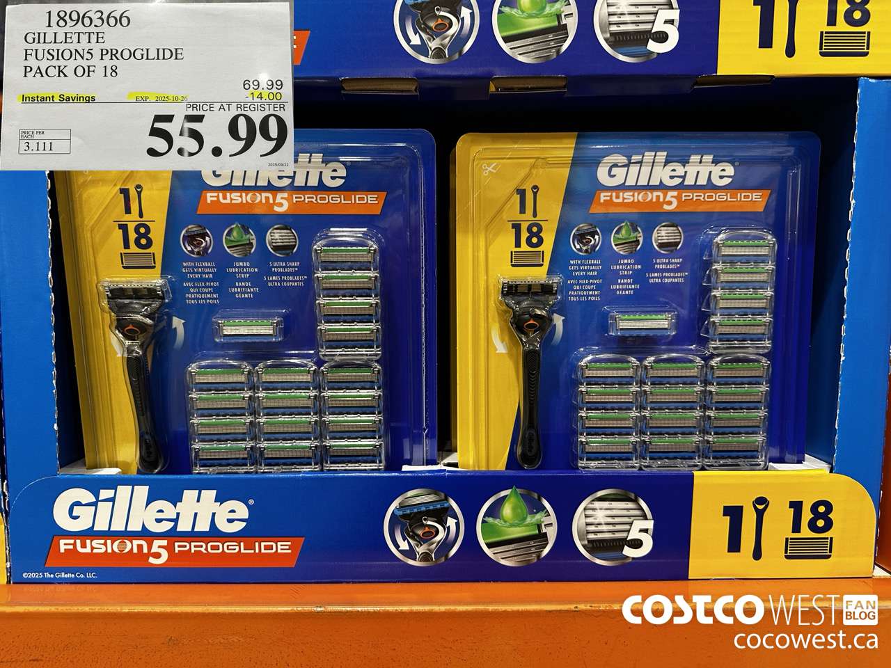 1896366 GILLETTE FUSION5 PROGLIDE PACK OF 18 ($14.00 INSTANT SAVINGS EXPIRES ON 2025-10-26) $55.99