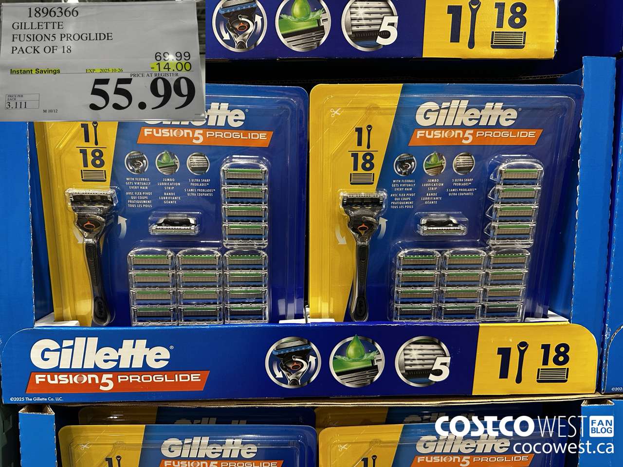 1896366 GILLETTE FUSION5 PROGLIDE PACK OF 18 ($14.00 INSTANT SAVINGS EXPIRES ON 2025-10-26) $55.99