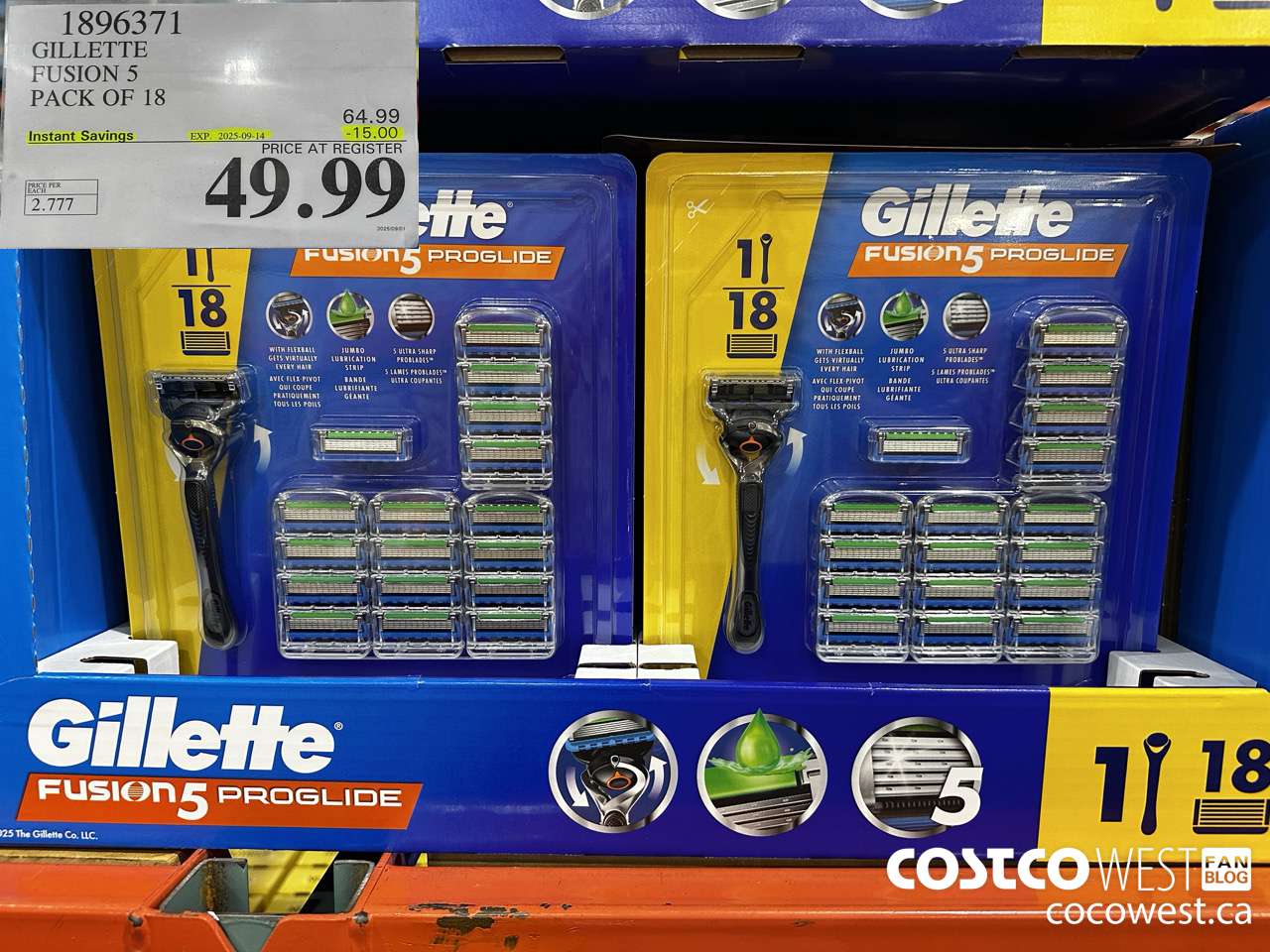 1896371 GILLETTE FUSION 5 PACK OF 18 ($15.00 INSTANT SAVINGS EXPIRES ON 2025-09-14) $49.99