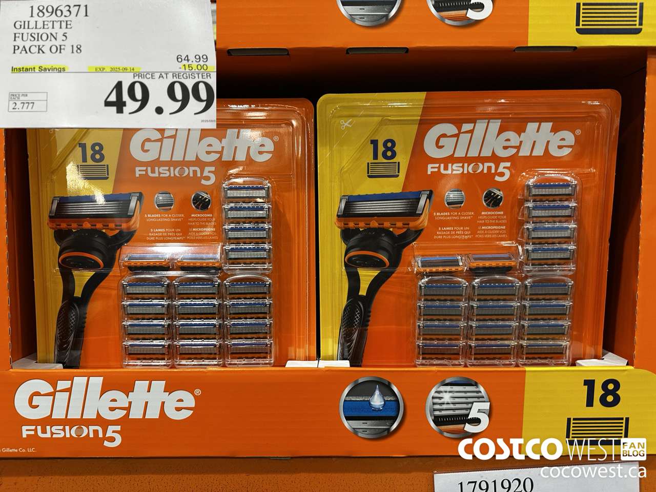 1896371 GILLETTE FUSION 5 PACK OF 18 ($15.00 INSTANT SAVINGS EXPIRES ON 2025-09-14) $49.99