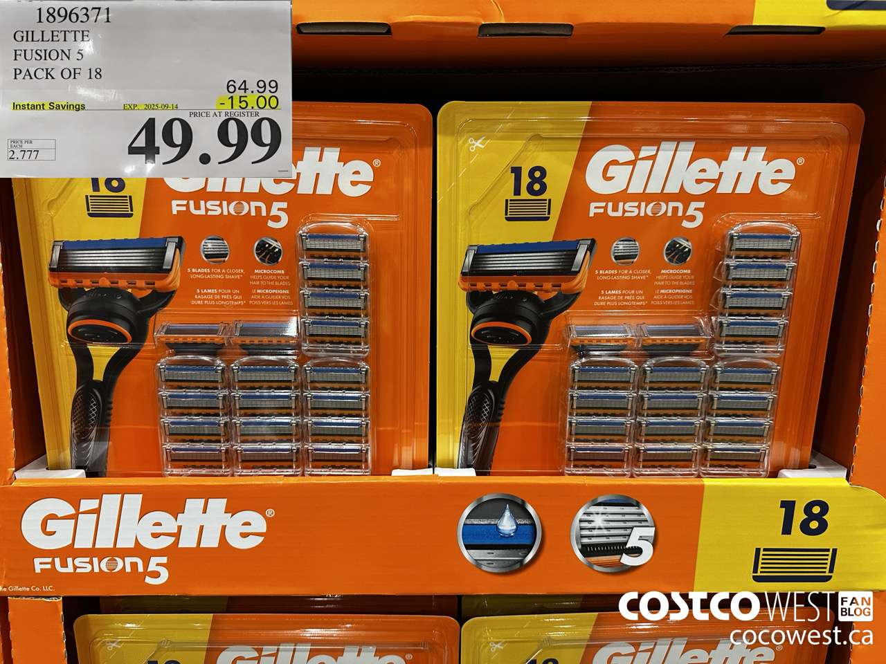 1896371 GILLETTE FUSION 5 PACK OF 18 ($15.00 INSTANT SAVINGS EXPIRES ON 2025-09-14) $49.99