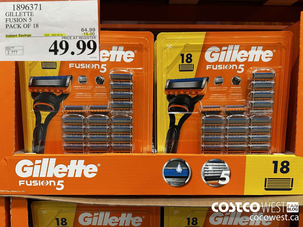 1896371 GILLETTE FUSION 5 PACK OF 18 ($15.00 INSTANT SAVINGS EXPIRES ON 2025-09-14) $49.99