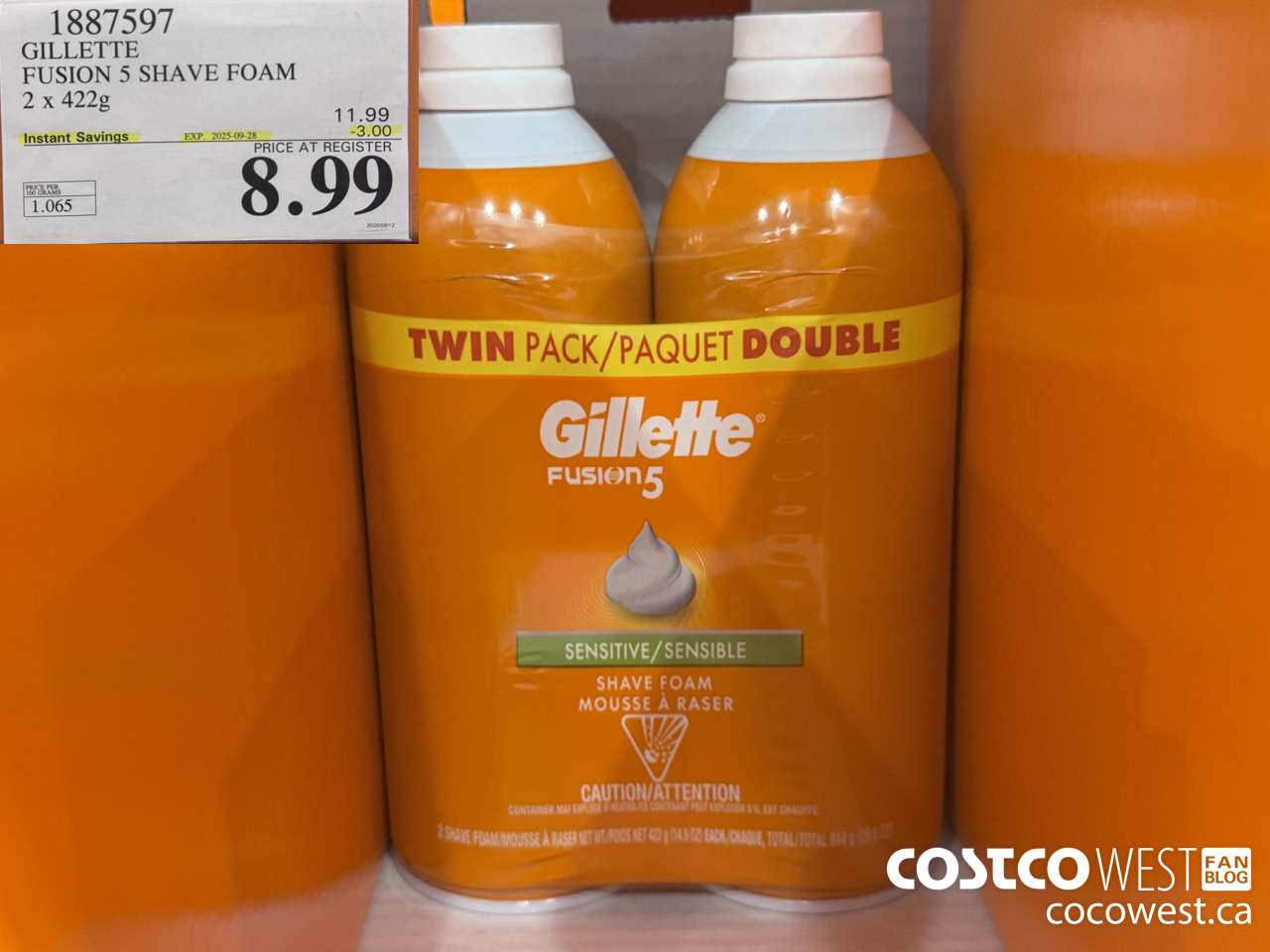 1887597 GILLETTE FUSION 5 SHAVE FOAM 2 X 422G ($3.00 INSTANT SAVINGS EXPIRES ON 2025-09-28) $8.99