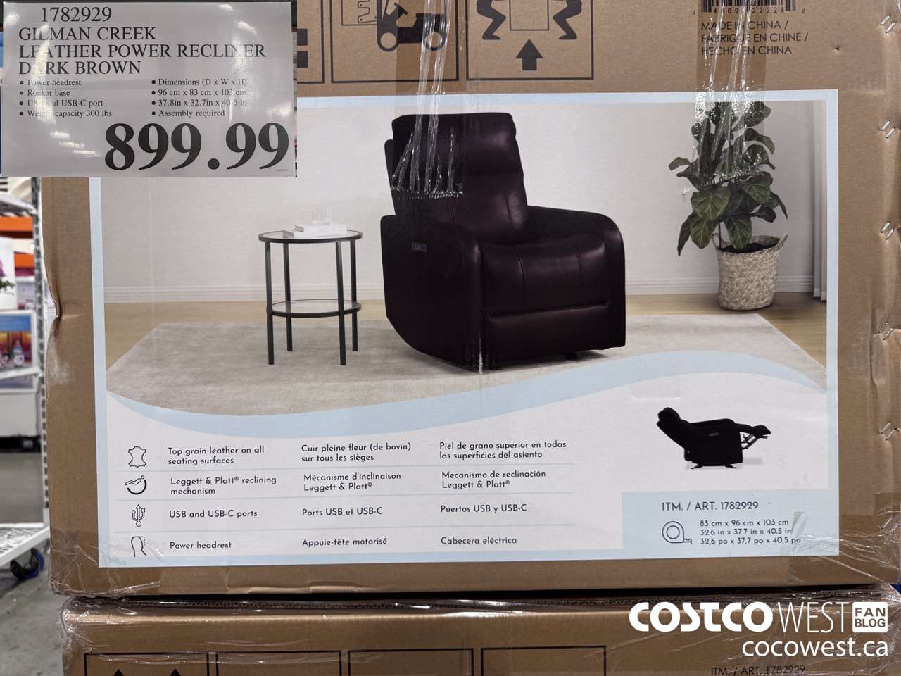 1782929 GILMAN CREEK LEATHER POWER RECLINER DARK BROWN $899.99
