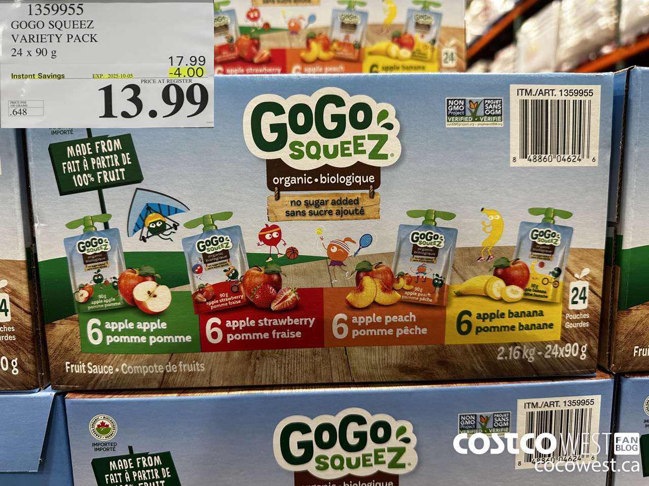 1359955 GOGO SQUEEZ ORGANIC VARIETY PACK 24 x 90g ($4.00 INSTANT SAVINGS EXPIRES ON 2025-10-05) $13.99