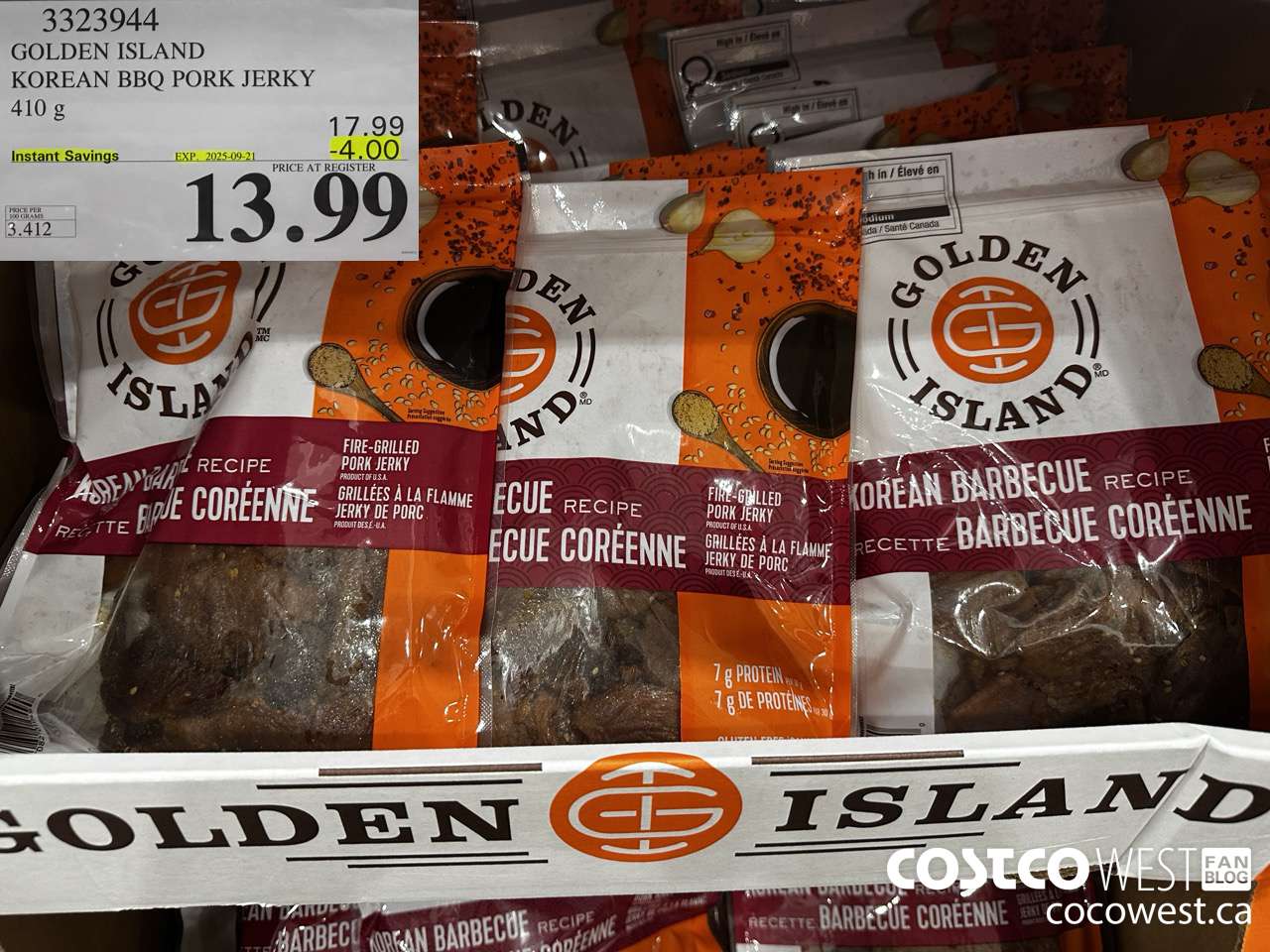 3323944 GOLDEN ISLAND KOREAN BBQ PORK JERKY 410G ($4.00 INSTANT SAVINGS EXPIRES ON 2025-09-21) $13.99