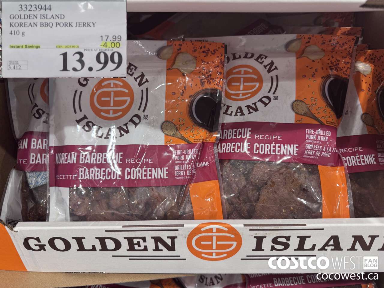 3323944 GOLDEN ISLAND KOREAN BBQ PORK JERKY 410G ($4.00 INSTANT SAVINGS EXPIRES ON 2025-09-21) $13.99