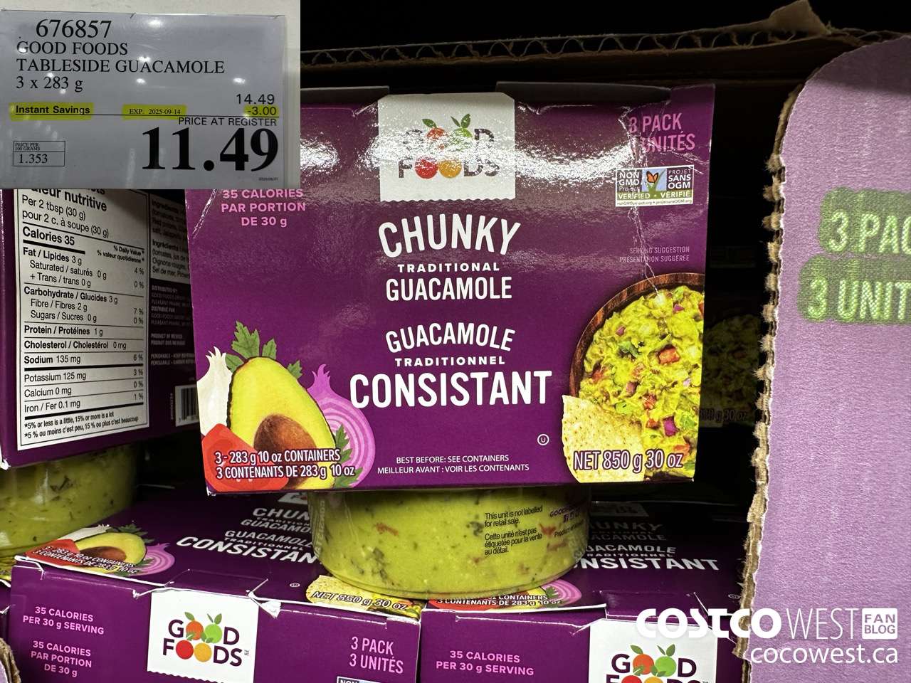 676857 GOOD FOODS TABLESIDE GUACAMOLE 3 x 283 g ($3.00 INSTANT SAVINGS EXPIRES ON 2025-09-14) $11.49