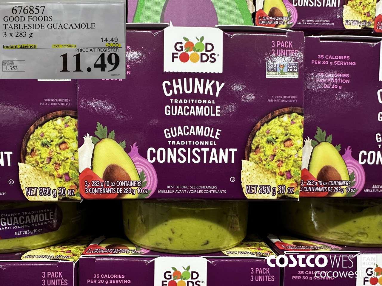 676857 GOOD FOODS TABLESIDE GUACAMOLE 3 x 283 g ($3.00 INSTANT SAVINGS EXPIRES ON 2025-09-14) $11.49