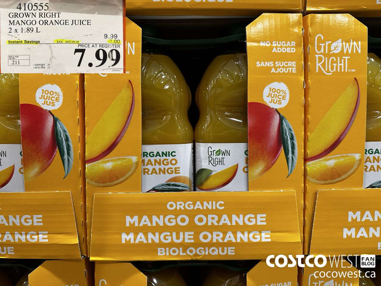 410555 GROWN RIGHT ORGANIC MANGO ORANGE JUICE 2 X 1.89L ($2.00 INSTANT SAVINGS EXPIRES ON 2025-09-28) $7.99