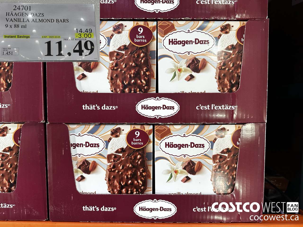 24701 HAAGEN-DAZS VANILLA ALMOND BARS 9 x 88 ml ($3.00 INSTANT SAVINGS EXPIRES ON 2025-10-05) $11.49