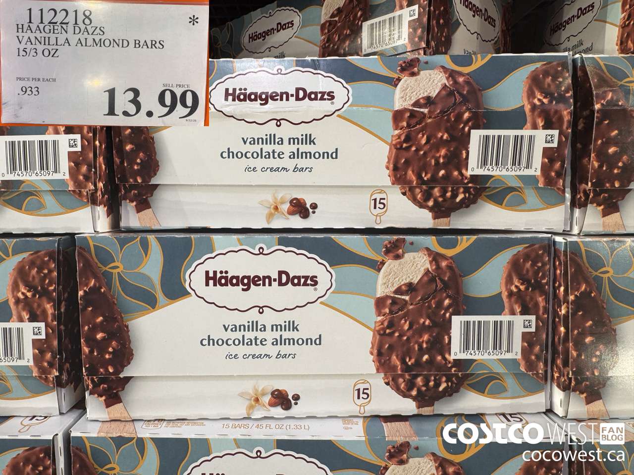 112218 HAAGEN DAZS VANILLA ALMOND BARS 15/3 OZ $13.99