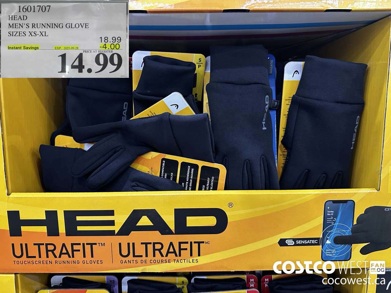 1601707 HEAD MEN'S RUNNING GLOVE SIZES XS-XL ($4.00 INSTANT SAVINGS EXPIRES ON 2025-09-28) $14.99